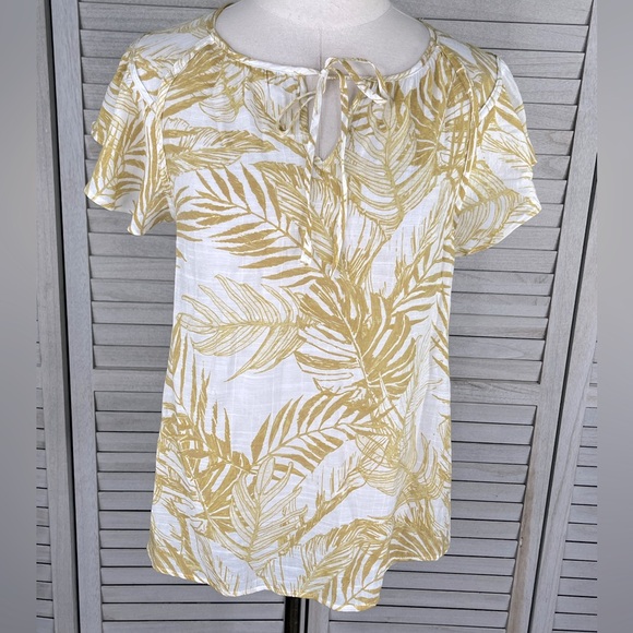 HOPE & HARLOW Tropical Print Blouse Flutter Sleeve Beige/White-Small - Picture 1 of 2